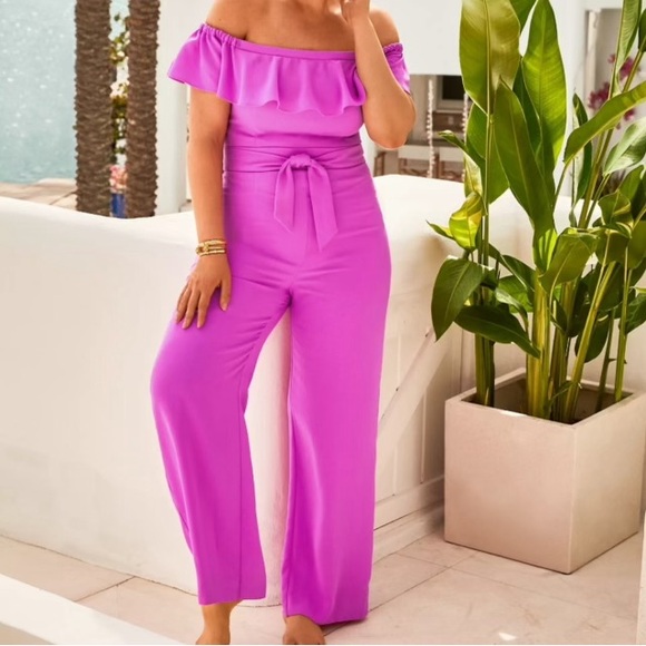 Lilly Pulitzer Jood off the shoulder jumpsuit fuchsia size 14 NEW - Picture 2 of 8